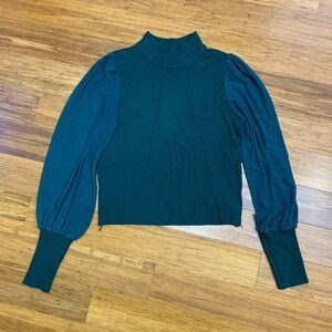 Almost‎ Famous Knit Top Mock Neck Long Sleeve Blouson Sleeve Green Size Medium